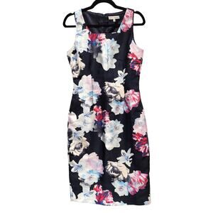 MARC ANGELO Size 10 Navy Floral Knee Length Zip Back Square Neck Sheath Dress